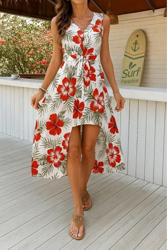 Kadın Kolsuz V Yakalı Desenli Süprem Tulum Elbise