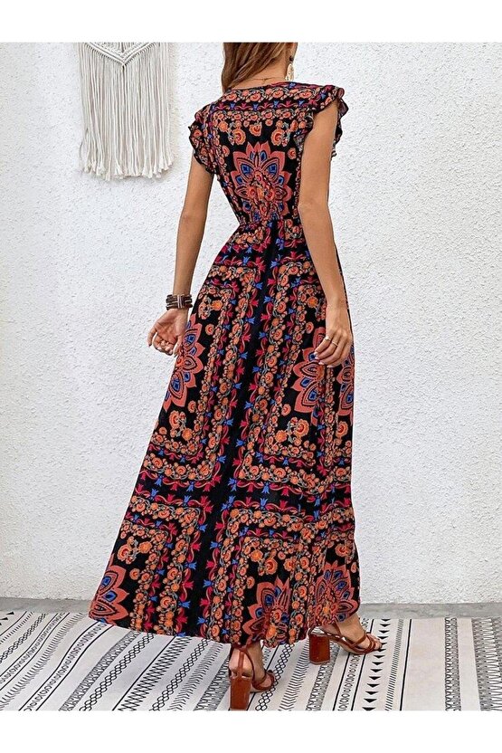 Kadın Kısa Kollu V Yakalı Deseni Yırtmaçlı Süprem Elbise