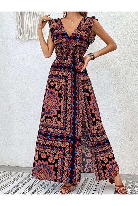 Kadın Kısa Kollu V Yakalı Deseni Yırtmaçlı Süprem Elbise