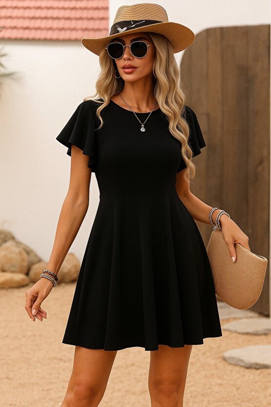 Edolika Kadın Kısa Kelebek Kollu Bisiklet Yaka Janjan Krep Elbise