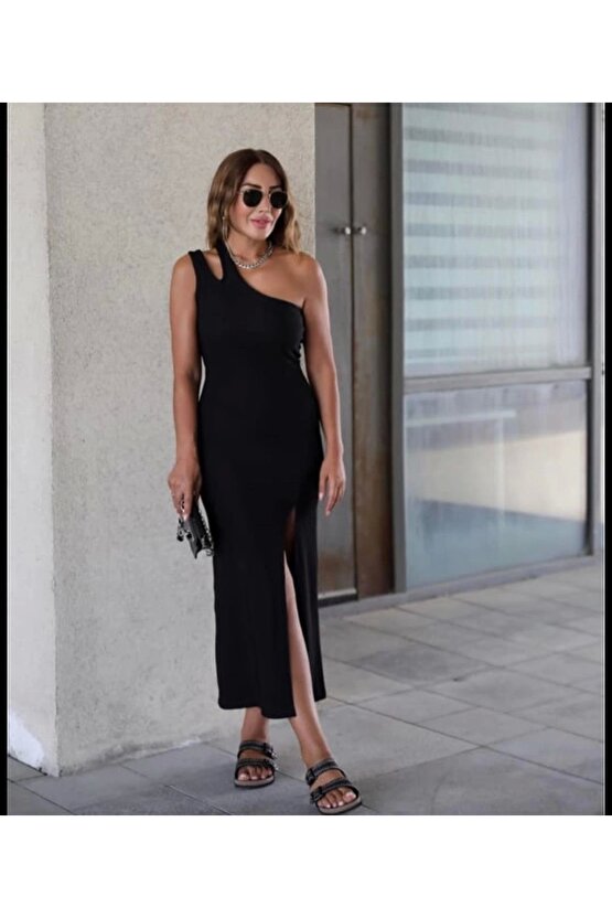 Kadın Tek Omuz Damla Detay Ottoman Kumaş Elbise