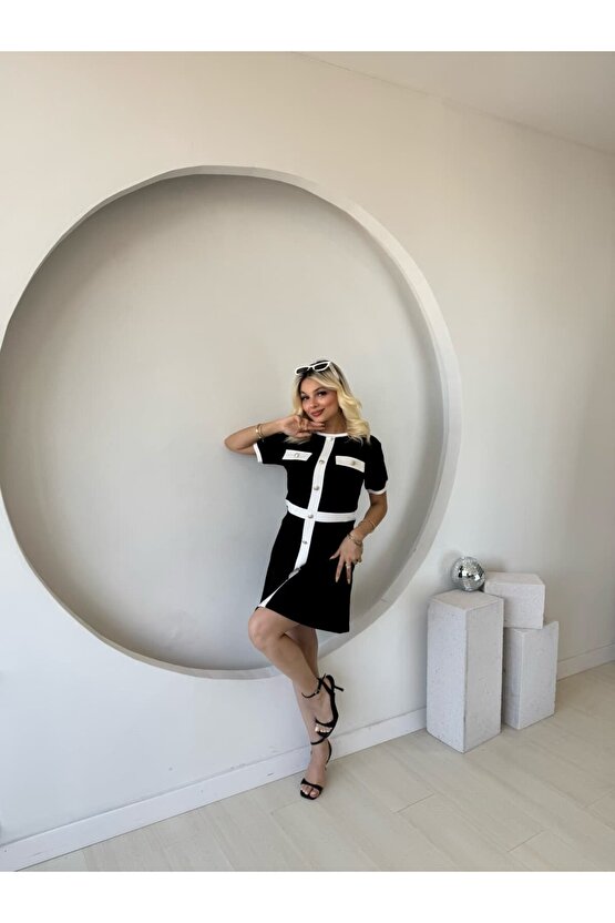 EQURİ Kadın Kısa Kollu Bisiklet Yaka önden Düğmeli Modal Elbise