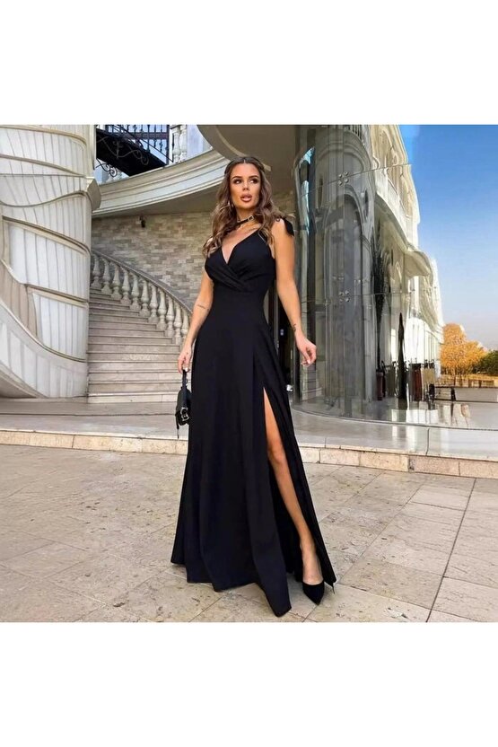 Kadın Askılı Omuzdan Bağlamalı Kruvaze Yakalı Uzun Yırtmaçlı Janjan Krep Elbise