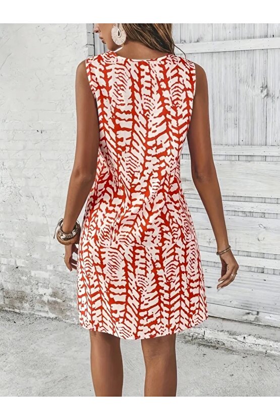 Kadın Sıfır Kol Yakadan Halka Detaylı Desenli Kısa Bürümcük Elbise