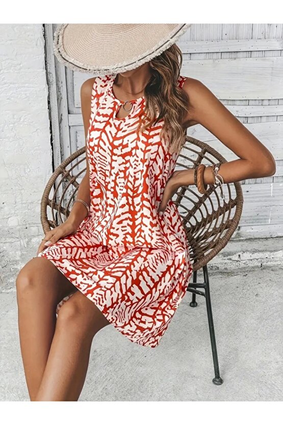 Kadın Sıfır Kol Yakadan Halka Detaylı Desenli Kısa Bürümcük Elbise