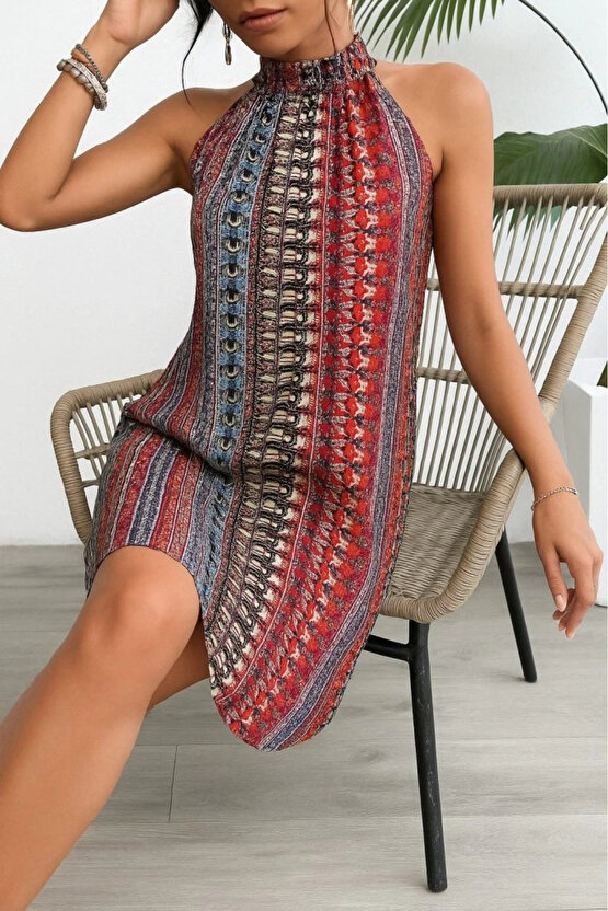 Kadın Kolsuz Boyundan Askılı Desenli Midi Süprem Elbise