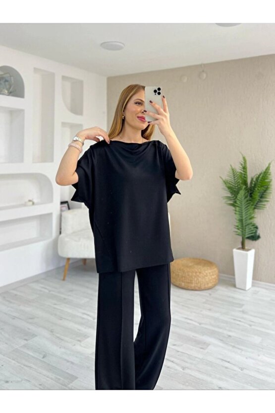 Kadın Kısa Kollu Kayık Yakalı Dikiş Izi Detaylı Viskon Iki Iplik Bluz Ve Pantolon Ikili Takım