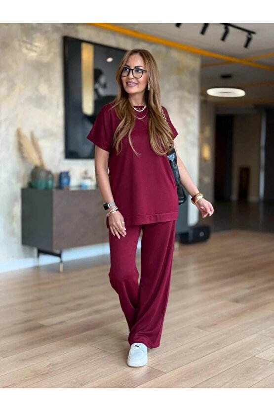 Kadın Kısa Kollu Bisiklet Yaka Viskon Iki Iplik Bluz Ve Pantolon Ikili Takım