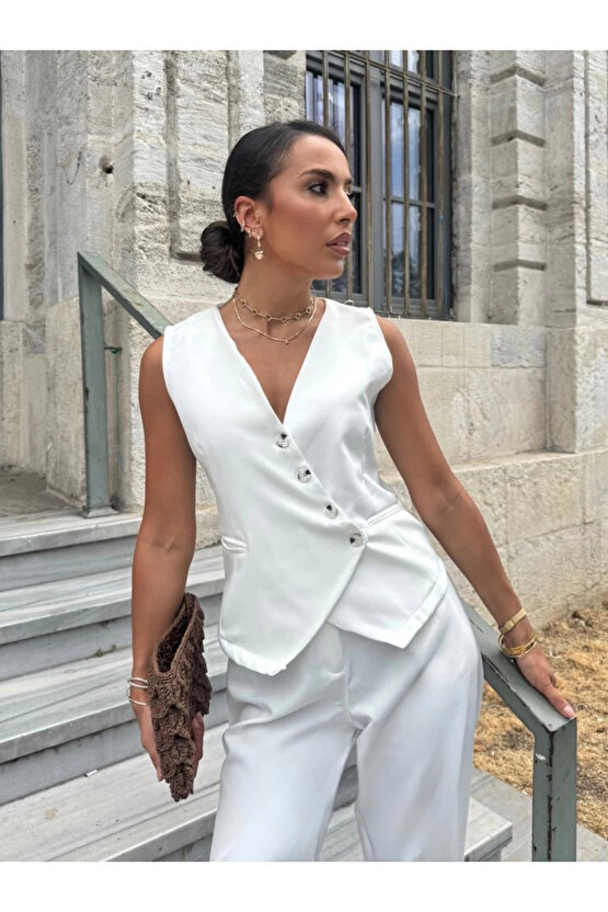 MDB Kadın Sıfır Kollu çapraz V Yakalı önden Düğmeli Atlas Yelek Ve Pantolon Ikili Takım