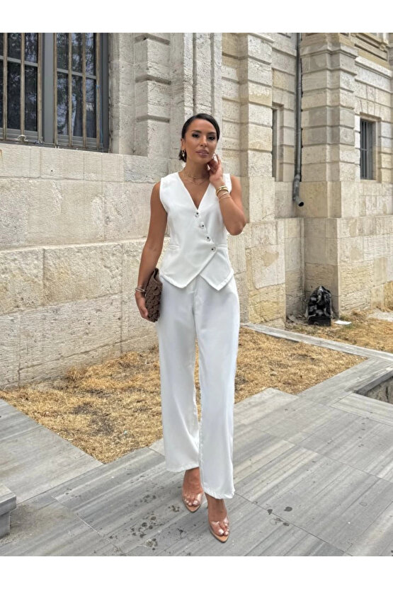 MDB Kadın Sıfır Kollu çapraz V Yakalı önden Düğmeli Atlas Yelek Ve Pantolon Ikili Takım