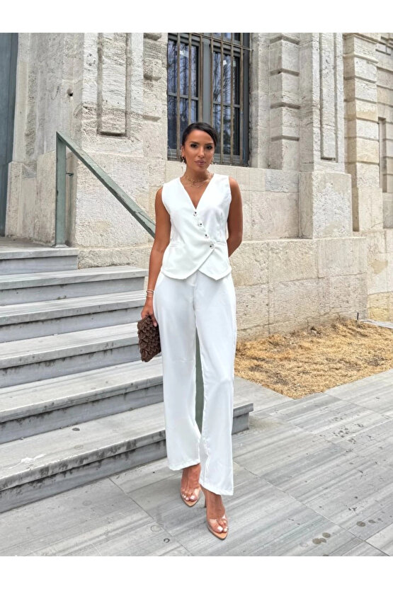 MDB Kadın Sıfır Kollu çapraz V Yakalı önden Düğmeli Atlas Yelek Ve Pantolon Ikili Takım