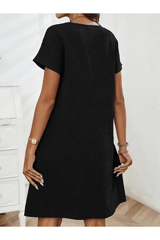 Kadın Kısa Kollu Yakası Açık Fermuarlı Cep Detaylı Ithal Keten Elbise