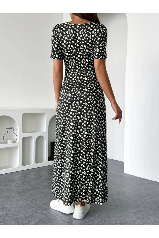 MDB Kadın Kısa Kollu Kruvaze Yakalı çiçek Desenli Süprem Elbise