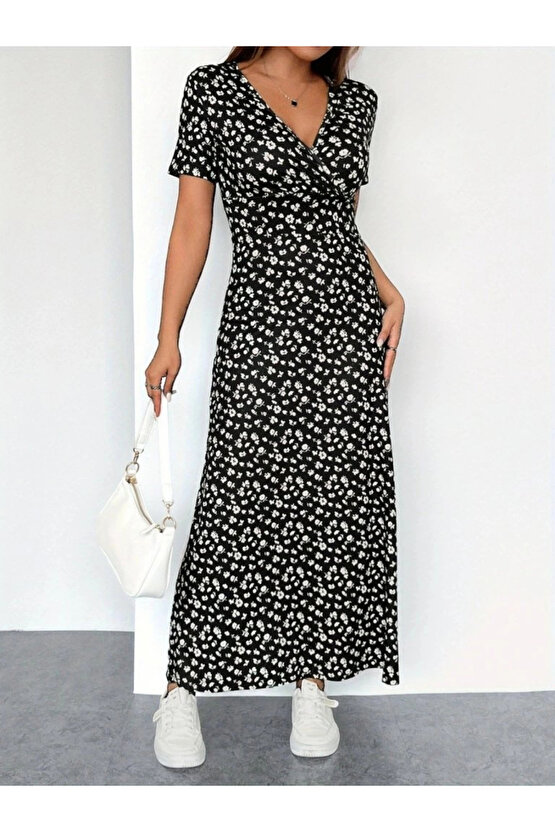 MDB Kadın Kısa Kollu Kruvaze Yakalı çiçek Desenli Süprem Elbise