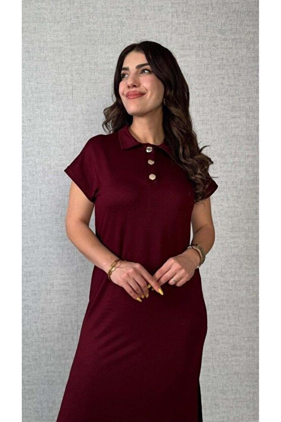 Kadın Kısa Kollu Yakalı Yandan Yırtmaçlı Viskon Iki Iplik Elbise