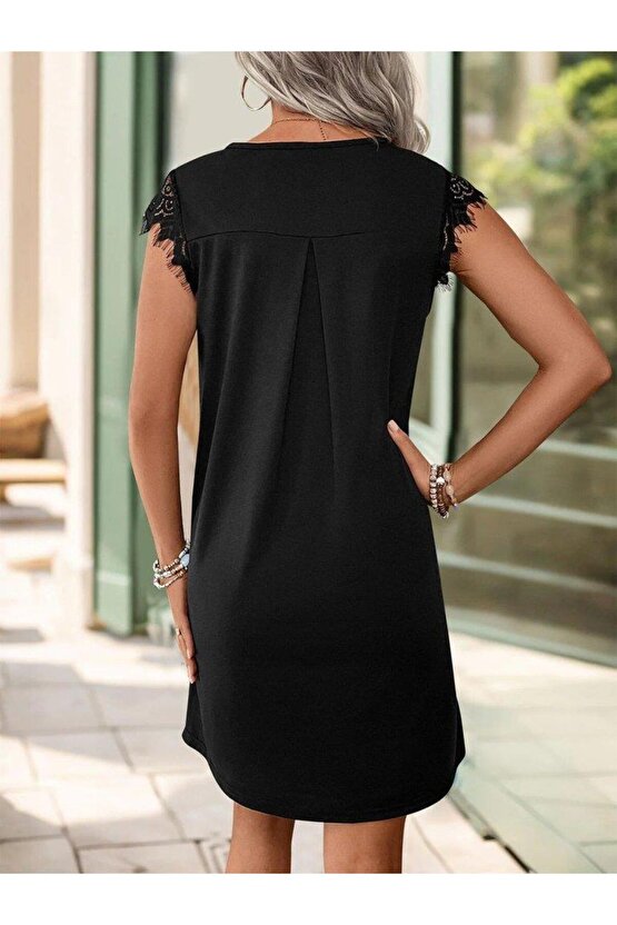 Kadın Kısa Dantel Kollu önden Düğmeli Viskon Elbise