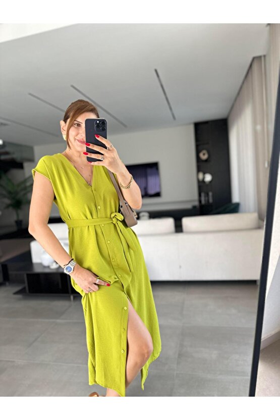 Kadınn V Yaka Düğme Detay Kuşak Dahil Elbise