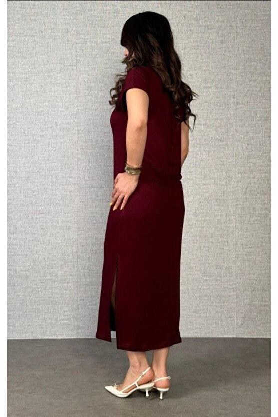 Kadın Kısa Kollu Yakalı Yandan Yırtmaçlı Viskon Iki Iplik Elbise