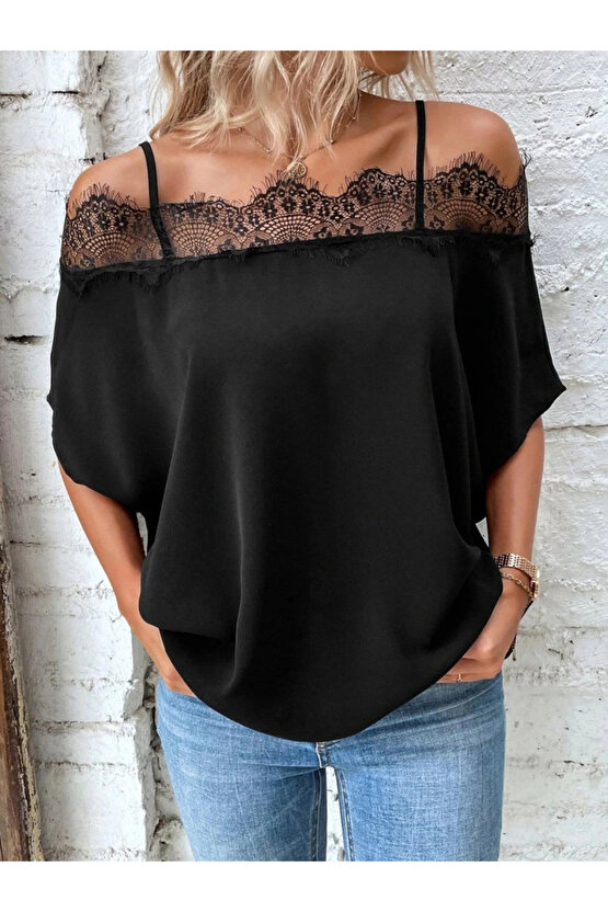 Kadın Askılı Dantel Janjan Krep Bluz