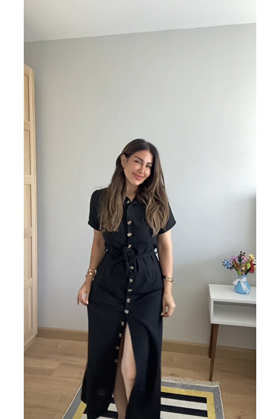 Kadın Kısa Kollu Yakalı önden Düğmeli Beli Kuşaklı Ithal Keten Elbise