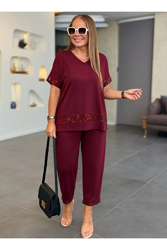 Kadın Kısa Kollu V Yakalı Pul Payetli Viskon Iki Iplik Bluz Ve Pantolon Ikili Takım