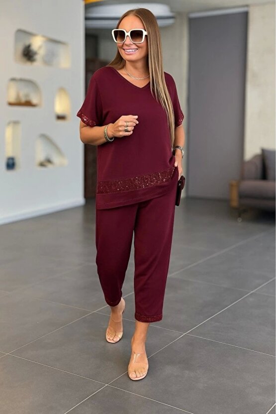 Kadın Kısa Kollu V Yakalı Pul Payetli Viskon Iki Iplik Bluz Ve Pantolon Ikili Takım