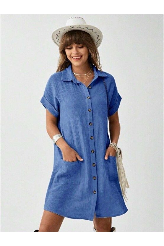 Kadın Cep Detay Müslin Kumaş Mini Gömlek Elbise