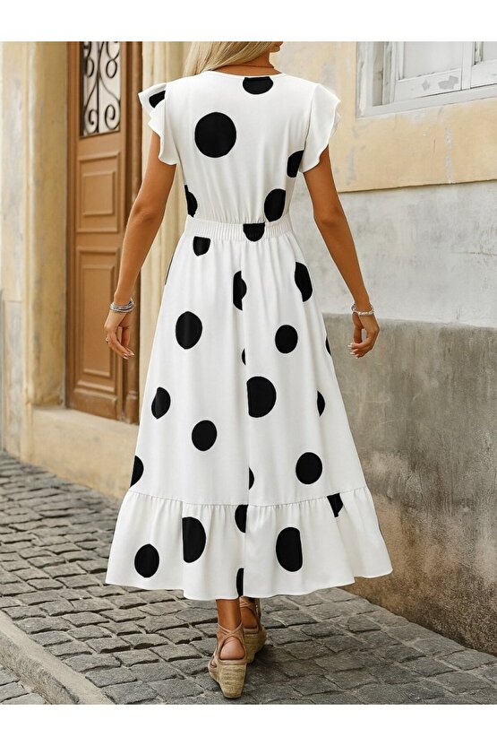 Kadın Kısa Kollu Kruvaze Yakalı Fırfırlı Süprem Elbise