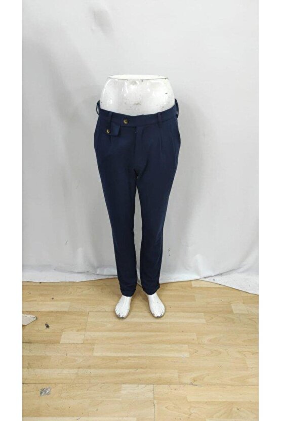 Erkek Belden Düğmeli Cepli Dokuma Pantolon