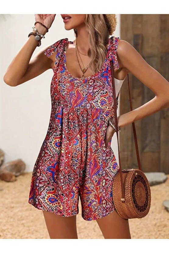 Kadın Omuzlardan Askılı Desenli Geniş Paçalı Süprem Tulum