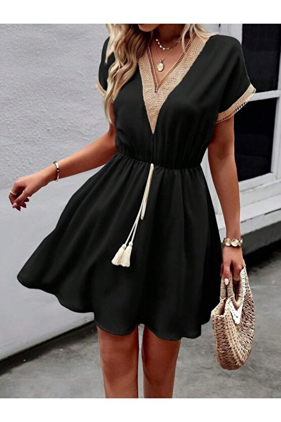 Kadın Kısa Kollu V Yakalı Belinde Bağcıklı Viskon Elbise