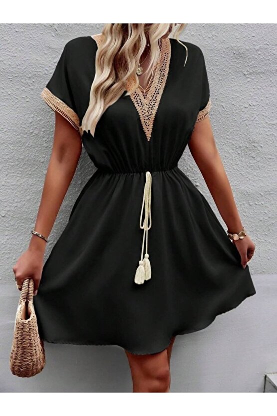 Kadın Kısa Kollu V Yakalı Belinde Bağcıklı Viskon Elbise