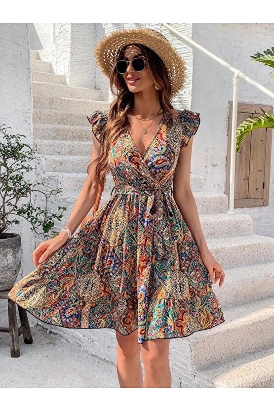 Kadın Kısa Kelebek Kollu Kruvaze Yakalı Süprem Elbise