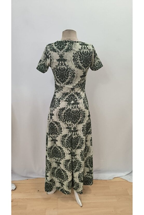 Edolika Kadın Kısa Kollu Bisiklet Yaka Puantiyeli Maksi örme Krep Elbise