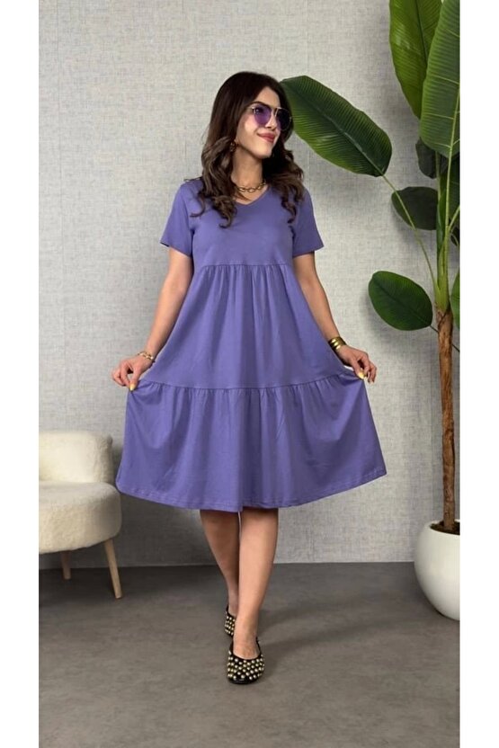 Kadın Kısa Kollu V Yakalı Viskon Elbise