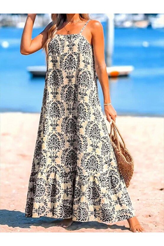 Kadın Ip Askılı Desenli Fırfırlı Süprem Elbise