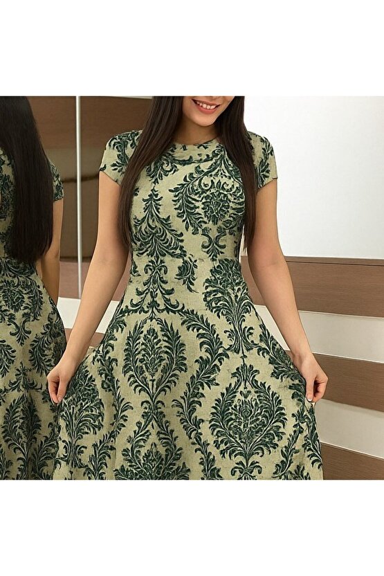 Edolika Kadın Kısa Kollu Bisiklet Yaka Puantiyeli Maksi örme Krep Elbise