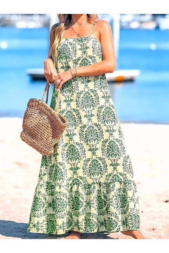 Edolika Kadın Ip Askılı Desenli Fırfırlı Süprem Elbise