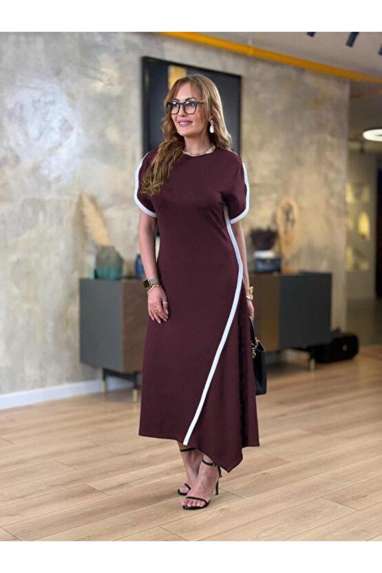 Kadın Kısa Kollu Bisiklet Yaka çift şerit Renk Detaylı Asimetrik Kesim Viskon Iki Iplik Elbise