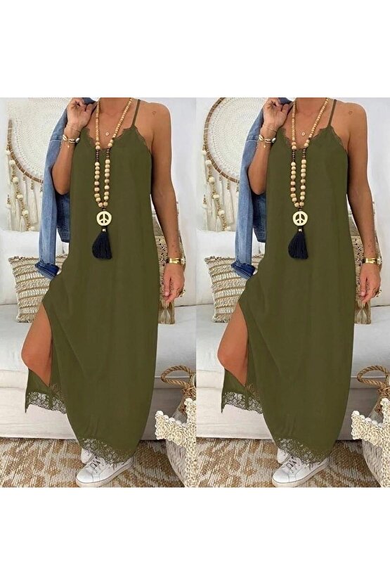 Kadın Haki Dantel Detay Viskon Elbise 3798