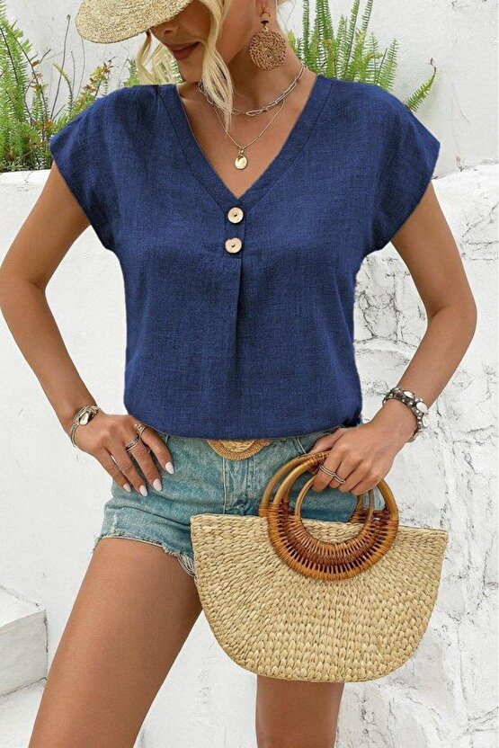 Kadın Kısa Kollu V Yakalı Düğmeli Keten Bluz