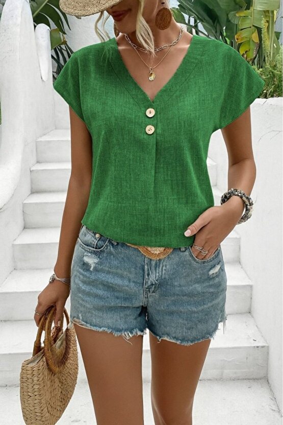 Kadın Kısa Kollu V Yakalı Düğmeli Keten Bluz
