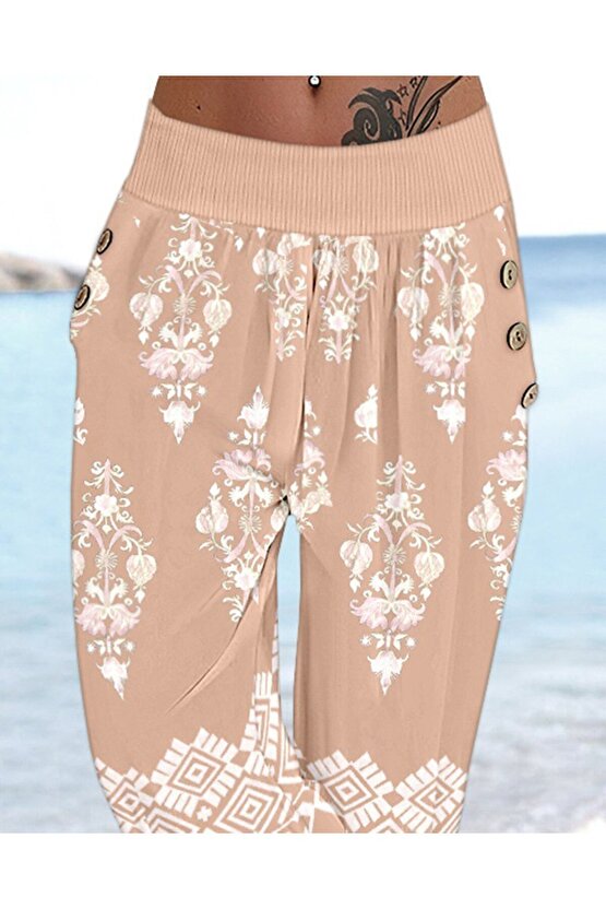 Edolika Kadın Beli Lastikli Etnik Desenli Kapri Süprem Pantolon