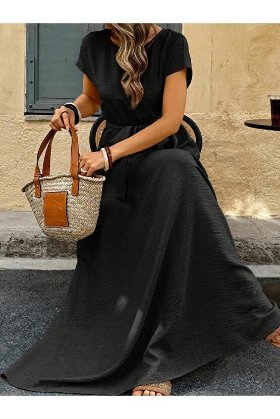 Kadın Kısa Kollu Kayık Yaka Beli Kuşaklı Aerobin Elbise