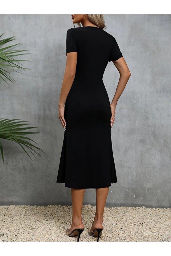 Kadın Kısa Kollu Kare Yakalı Ip Detaylı Janjan Krep Elbise