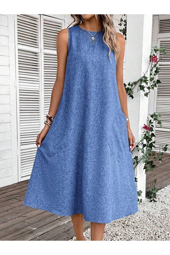 Kadın Kolsuz Bisiklet Yaka Cepli Midi Keten Elbise