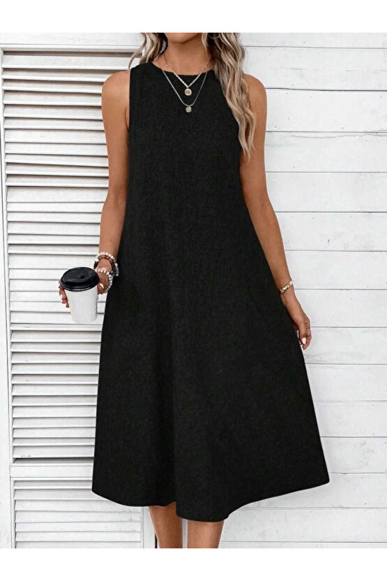 Kadın Kolsuz Bisiklet Yaka Cepli Midi Keten Elbise