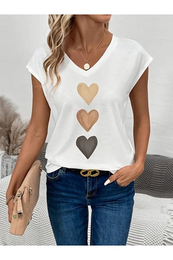 Kadın Kısa Kollu V Yakalı Kalp Desen Viskon Bluz