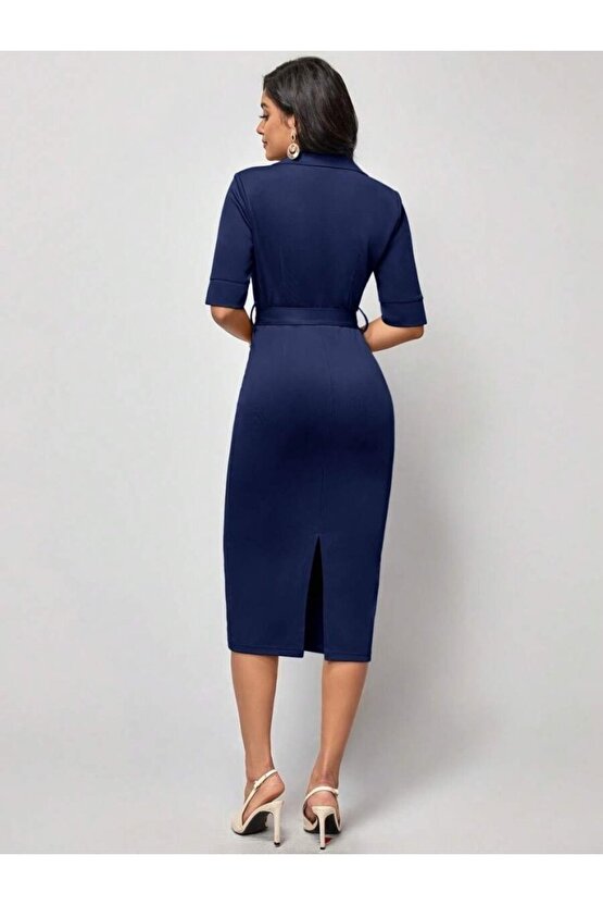 MODAVERA Kadın Kısa Kollu Yakalı Kruvaze Yakalı Beli Kemerli Midi Modal Elbise
