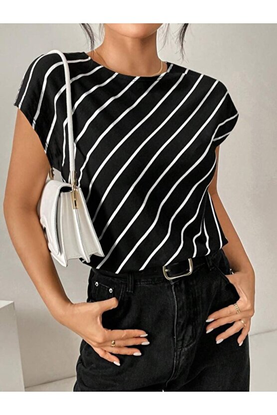 Kadın Kısa Yarasa Kollu Bisiklet Yaka çizgi Desenli Atlas Bluz